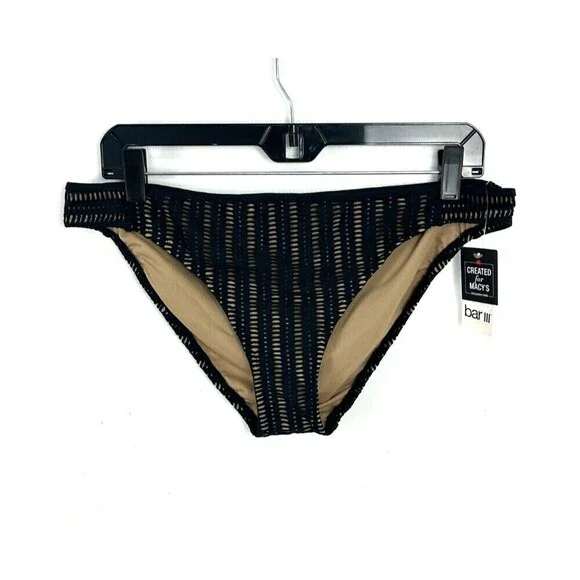 New Bar III Womens Sz L Black Nude Swim Bottom Crochet Side Tab Hipster Bikini - Picture 3 of 10
